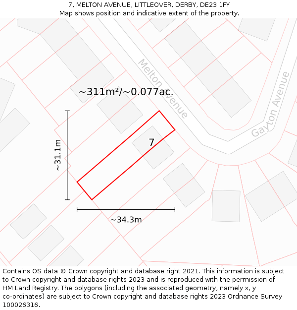 7, MELTON AVENUE, LITTLEOVER, DERBY, DE23 1FY: Plot and title map