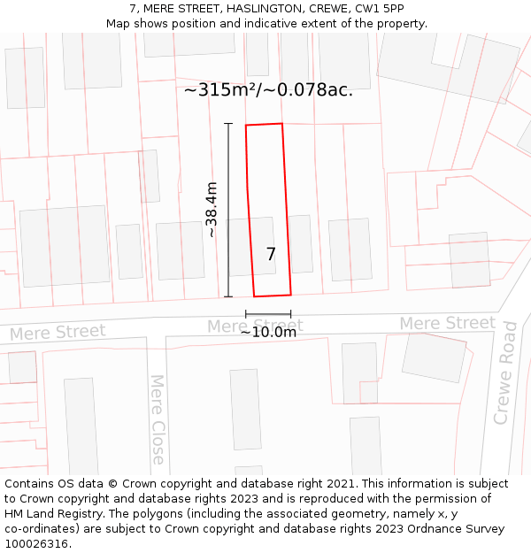 7, MERE STREET, HASLINGTON, CREWE, CW1 5PP: Plot and title map