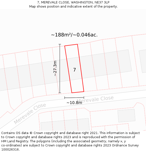 7, MEREVALE CLOSE, WASHINGTON, NE37 3LP: Plot and title map