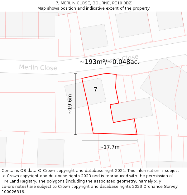 7, MERLIN CLOSE, BOURNE, PE10 0BZ: Plot and title map