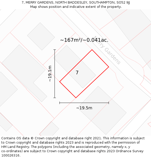 7, MERRY GARDENS, NORTH BADDESLEY, SOUTHAMPTON, SO52 9JJ: Plot and title map