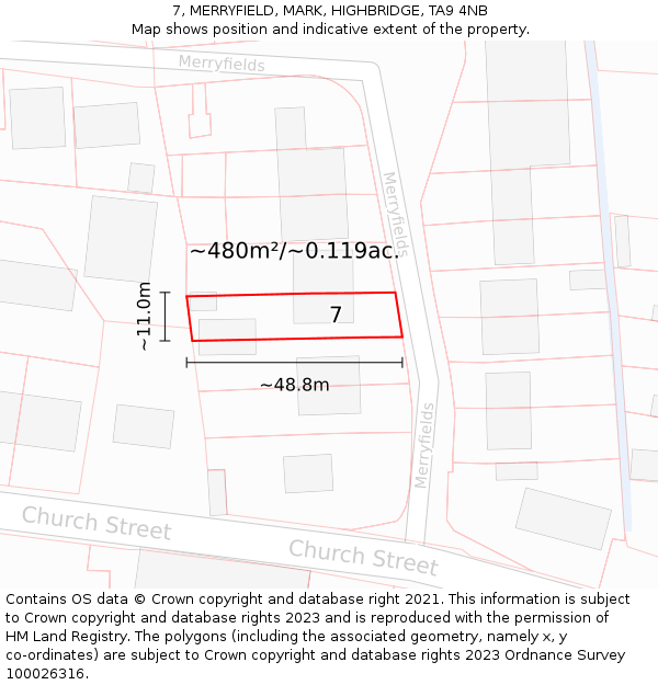 7, MERRYFIELD, MARK, HIGHBRIDGE, TA9 4NB: Plot and title map