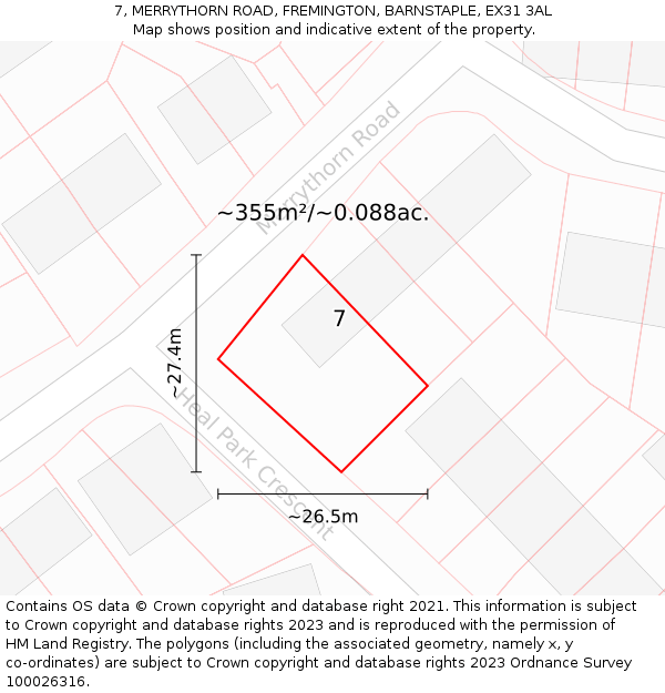 7, MERRYTHORN ROAD, FREMINGTON, BARNSTAPLE, EX31 3AL: Plot and title map