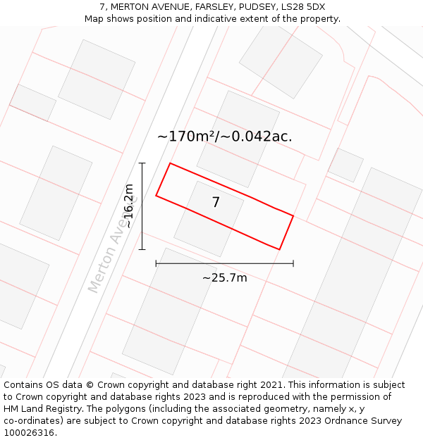 7, MERTON AVENUE, FARSLEY, PUDSEY, LS28 5DX: Plot and title map