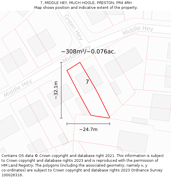 7, MIDDLE HEY, MUCH HOOLE, PRESTON, PR4 4RH: Plot and title map