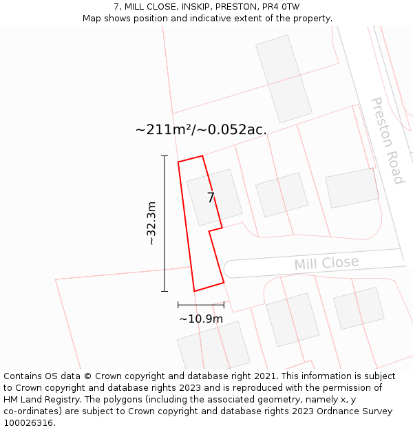 7, MILL CLOSE, INSKIP, PRESTON, PR4 0TW: Plot and title map