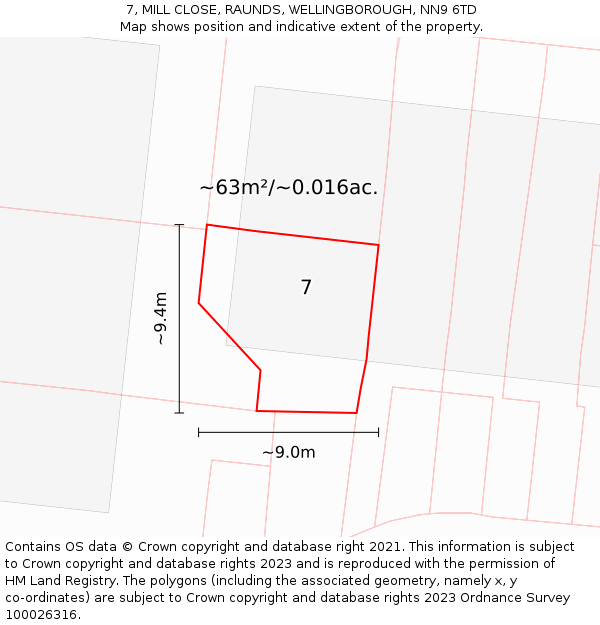 7, MILL CLOSE, RAUNDS, WELLINGBOROUGH, NN9 6TD: Plot and title map