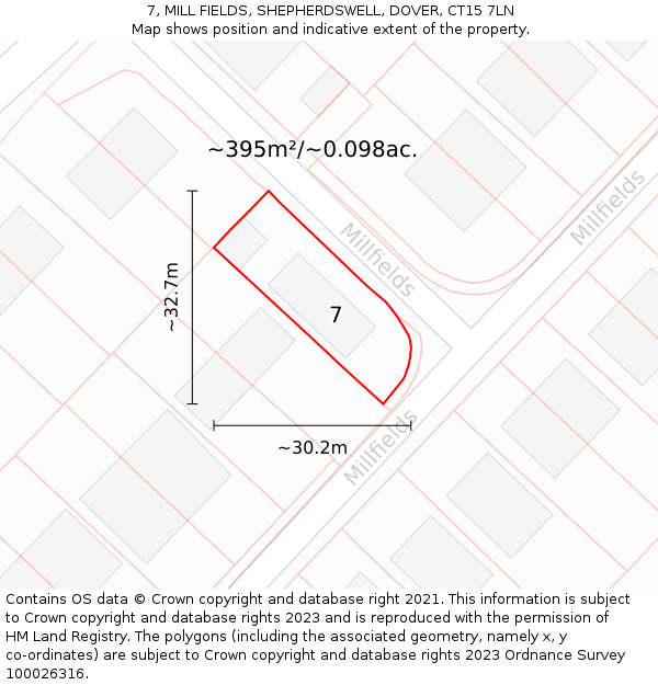 7, MILL FIELDS, SHEPHERDSWELL, DOVER, CT15 7LN: Plot and title map
