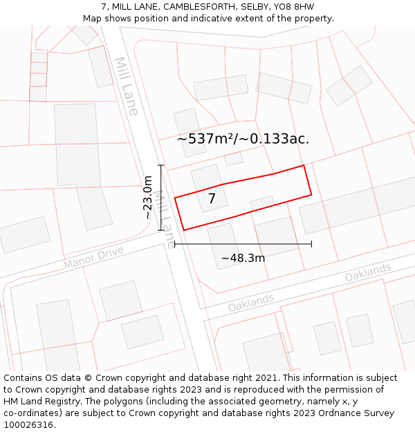 7, MILL LANE, CAMBLESFORTH, SELBY, YO8 8HW: Plot and title map