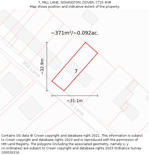 7, MILL LANE, NONINGTON, DOVER, CT15 4HR: Plot and title map