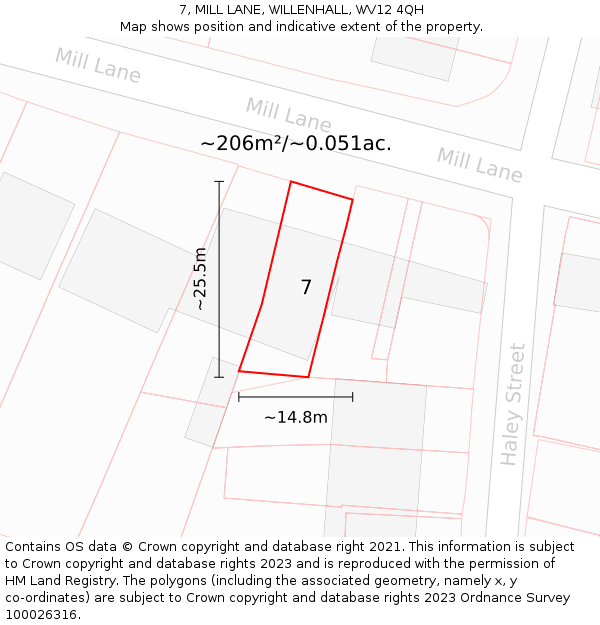 7, MILL LANE, WILLENHALL, WV12 4QH: Plot and title map