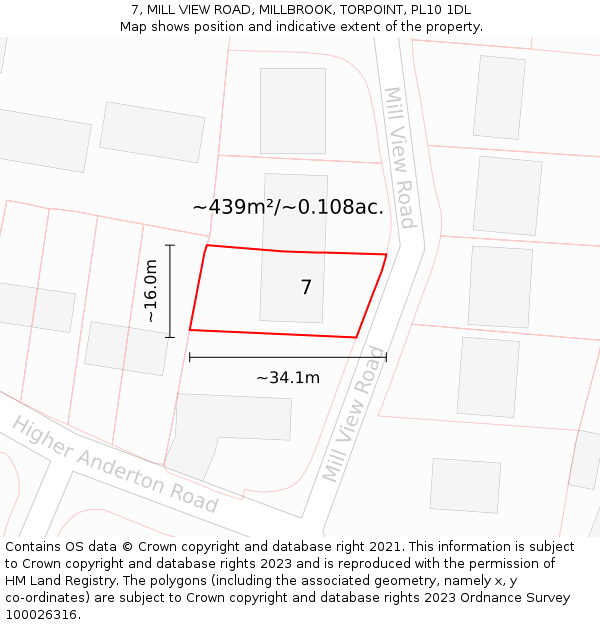 7, MILL VIEW ROAD, MILLBROOK, TORPOINT, PL10 1DL: Plot and title map
