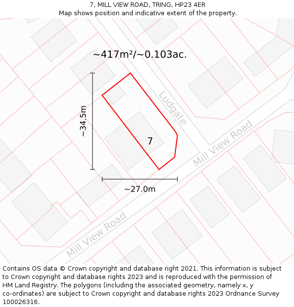 7, MILL VIEW ROAD, TRING, HP23 4ER: Plot and title map