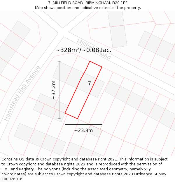 7, MILLFIELD ROAD, BIRMINGHAM, B20 1EF: Plot and title map