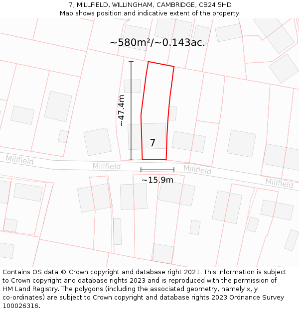 7, MILLFIELD, WILLINGHAM, CAMBRIDGE, CB24 5HD: Plot and title map