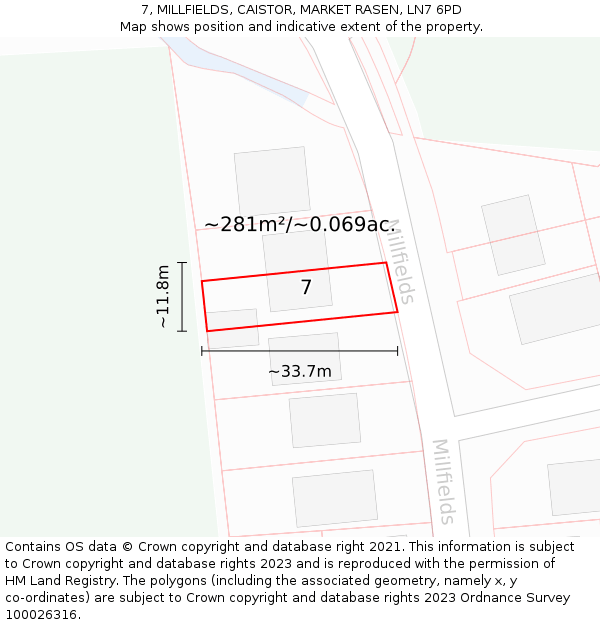 7, MILLFIELDS, CAISTOR, MARKET RASEN, LN7 6PD: Plot and title map