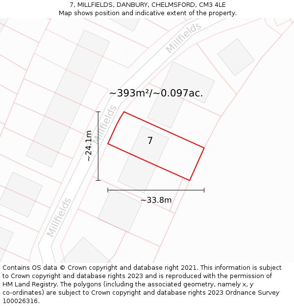 7, MILLFIELDS, DANBURY, CHELMSFORD, CM3 4LE: Plot and title map
