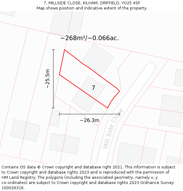 7, MILLSIDE CLOSE, KILHAM, DRIFFIELD, YO25 4SF: Plot and title map