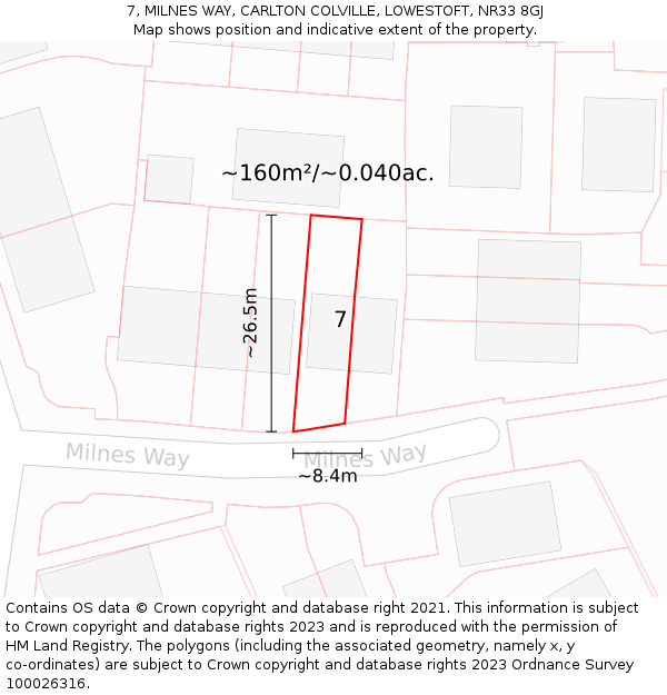 7, MILNES WAY, CARLTON COLVILLE, LOWESTOFT, NR33 8GJ: Plot and title map