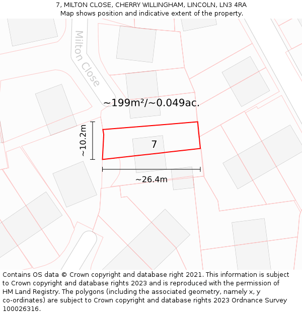 7, MILTON CLOSE, CHERRY WILLINGHAM, LINCOLN, LN3 4RA: Plot and title map