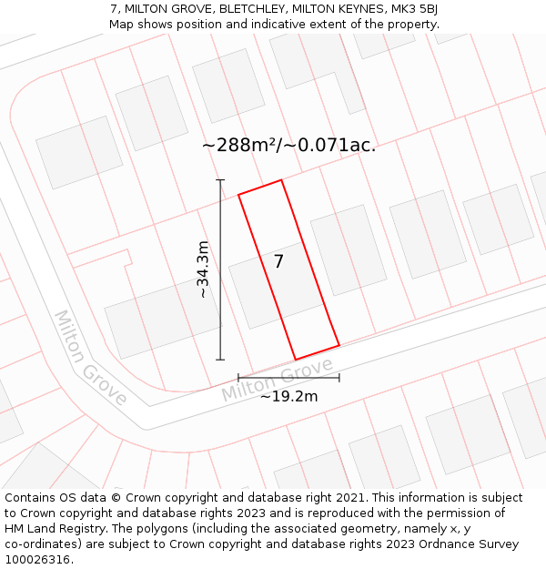 7, MILTON GROVE, BLETCHLEY, MILTON KEYNES, MK3 5BJ: Plot and title map