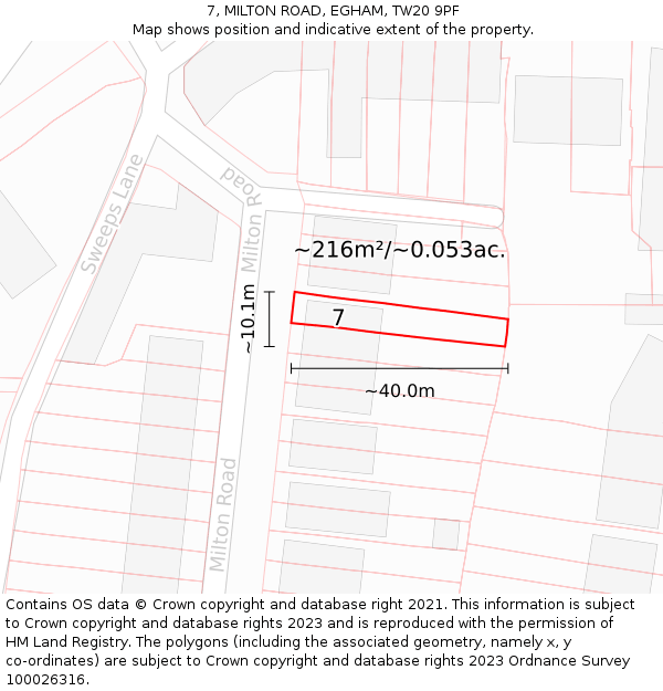 7, MILTON ROAD, EGHAM, TW20 9PF: Plot and title map