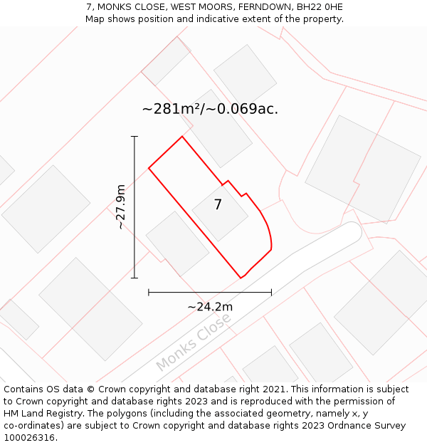 7, MONKS CLOSE, WEST MOORS, FERNDOWN, BH22 0HE: Plot and title map