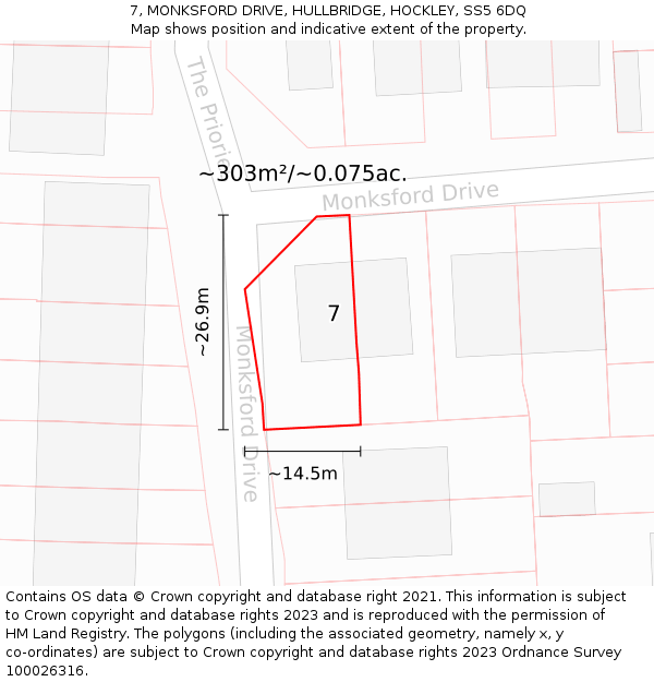 7, MONKSFORD DRIVE, HULLBRIDGE, HOCKLEY, SS5 6DQ: Plot and title map