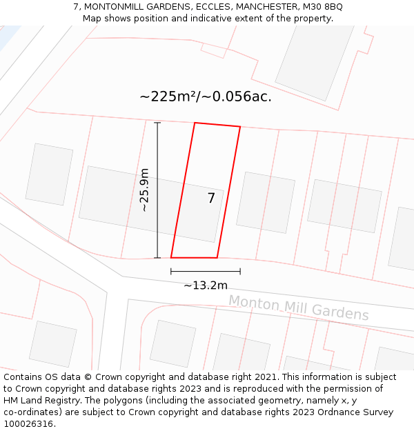 7, MONTONMILL GARDENS, ECCLES, MANCHESTER, M30 8BQ: Plot and title map