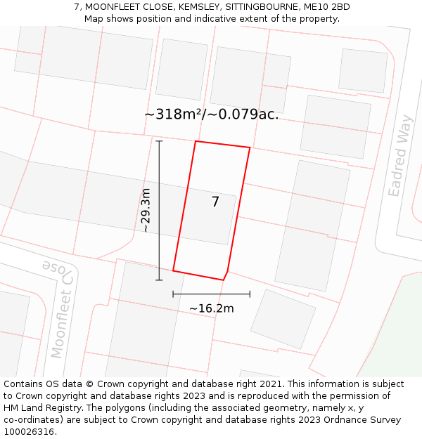 7, MOONFLEET CLOSE, KEMSLEY, SITTINGBOURNE, ME10 2BD: Plot and title map