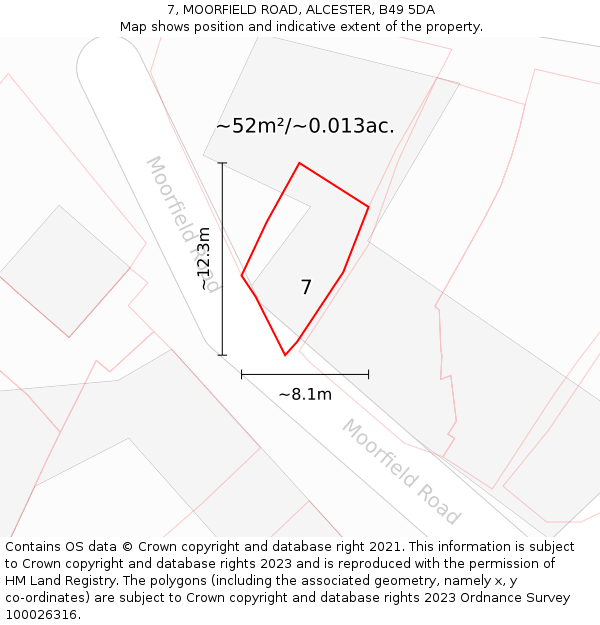 7, MOORFIELD ROAD, ALCESTER, B49 5DA: Plot and title map