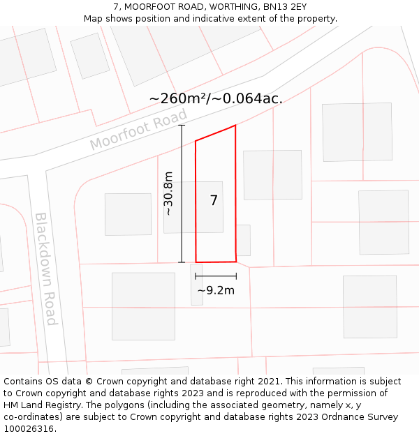 7, MOORFOOT ROAD, WORTHING, BN13 2EY: Plot and title map