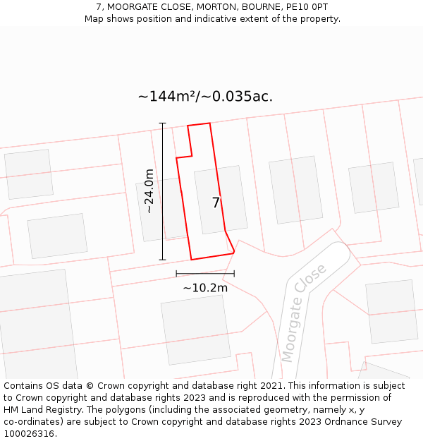 7, MOORGATE CLOSE, MORTON, BOURNE, PE10 0PT: Plot and title map