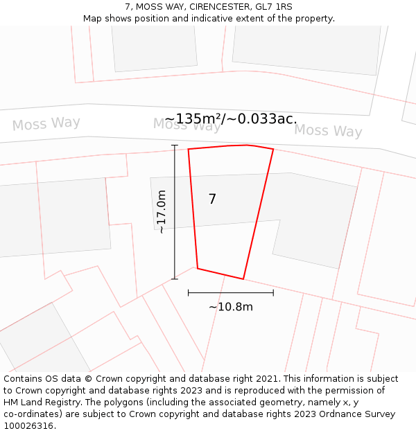 7, MOSS WAY, CIRENCESTER, GL7 1RS: Plot and title map