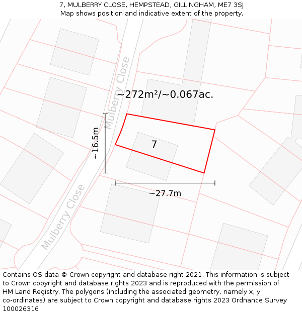 7, MULBERRY CLOSE, HEMPSTEAD, GILLINGHAM, ME7 3SJ: Plot and title map