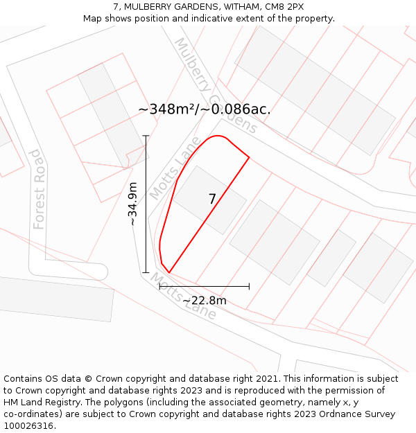 7, MULBERRY GARDENS, WITHAM, CM8 2PX: Plot and title map