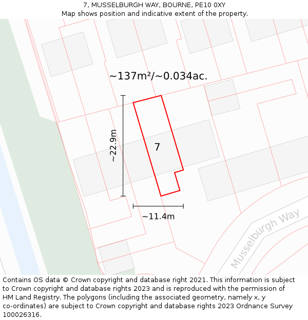 7, MUSSELBURGH WAY, BOURNE, PE10 0XY: Plot and title map