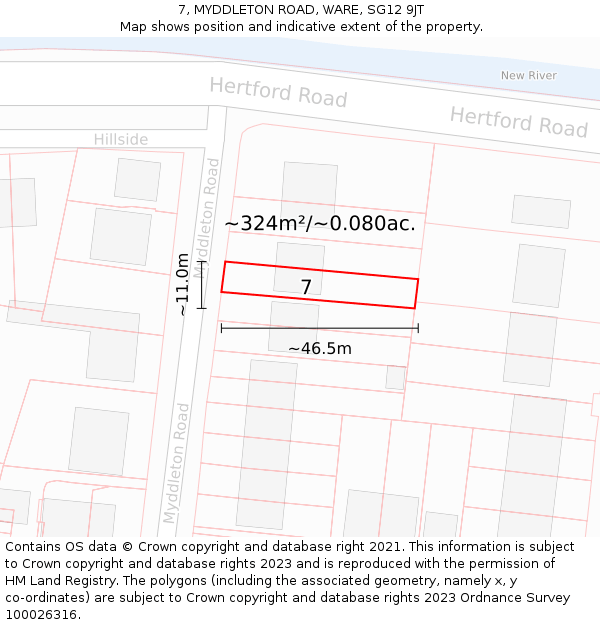 7, MYDDLETON ROAD, WARE, SG12 9JT: Plot and title map