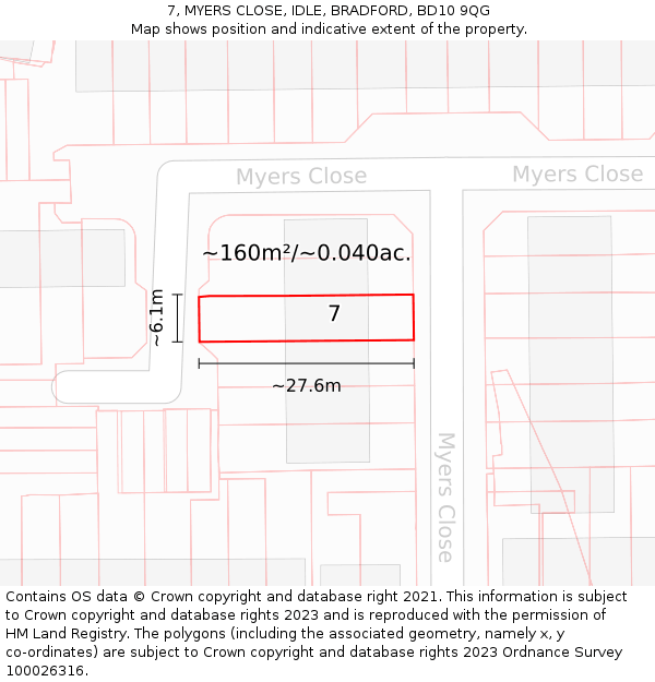 7, MYERS CLOSE, IDLE, BRADFORD, BD10 9QG: Plot and title map