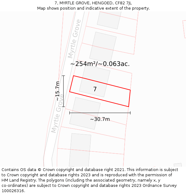 7, MYRTLE GROVE, HENGOED, CF82 7JL: Plot and title map