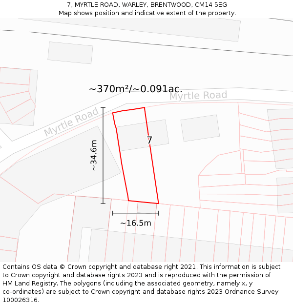 7, MYRTLE ROAD, WARLEY, BRENTWOOD, CM14 5EG: Plot and title map