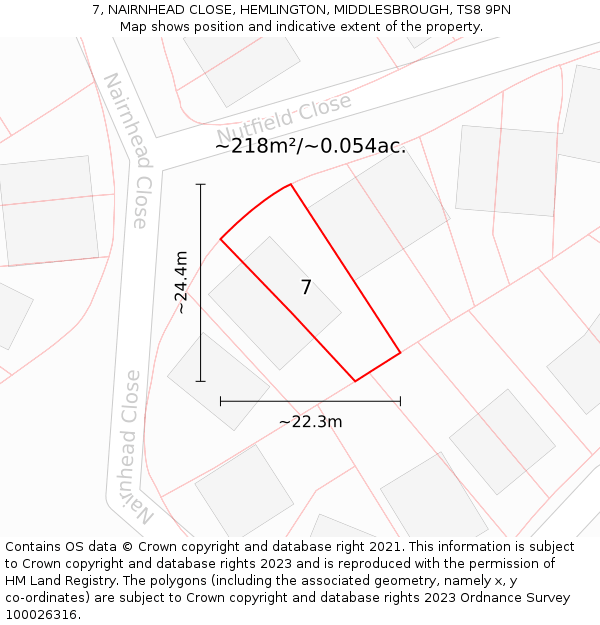 7, NAIRNHEAD CLOSE, HEMLINGTON, MIDDLESBROUGH, TS8 9PN: Plot and title map