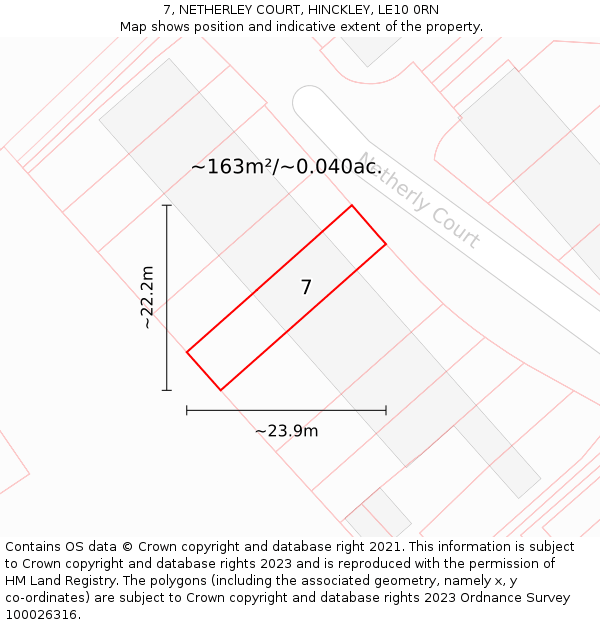 7, NETHERLEY COURT, HINCKLEY, LE10 0RN: Plot and title map