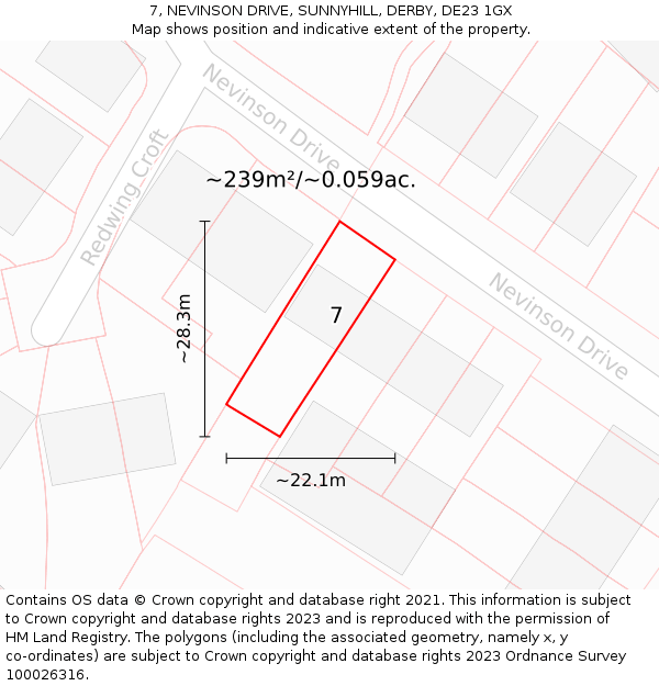 7, NEVINSON DRIVE, SUNNYHILL, DERBY, DE23 1GX: Plot and title map