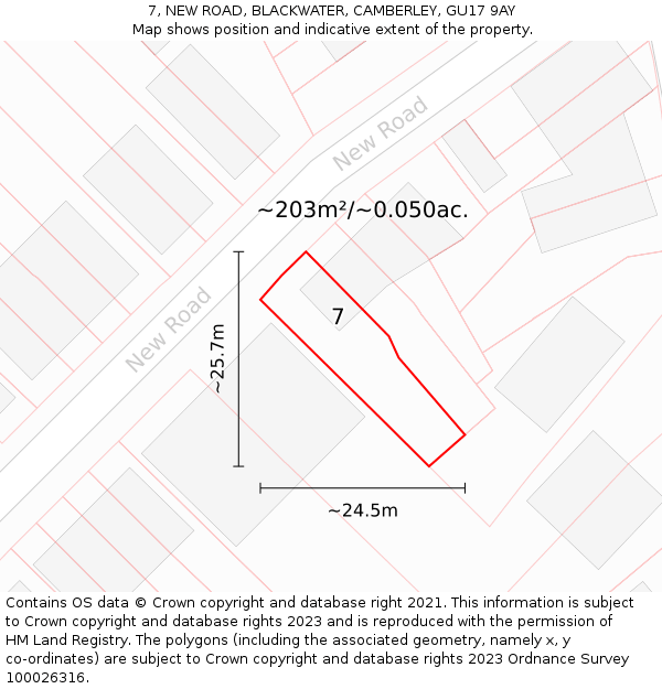 7, NEW ROAD, BLACKWATER, CAMBERLEY, GU17 9AY: Plot and title map