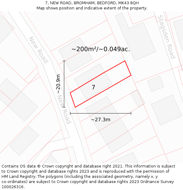 7, NEW ROAD, BROMHAM, BEDFORD, MK43 8QH: Plot and title map