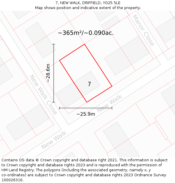 7, NEW WALK, DRIFFIELD, YO25 5LE: Plot and title map