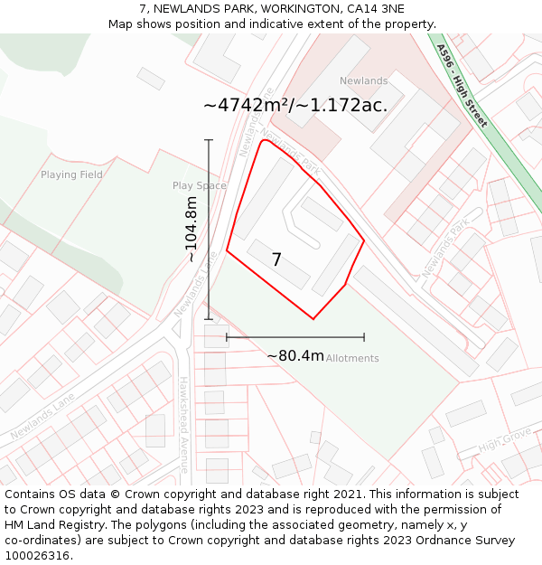 7, NEWLANDS PARK, WORKINGTON, CA14 3NE: Plot and title map