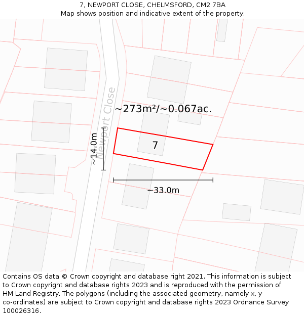 7, NEWPORT CLOSE, CHELMSFORD, CM2 7BA: Plot and title map