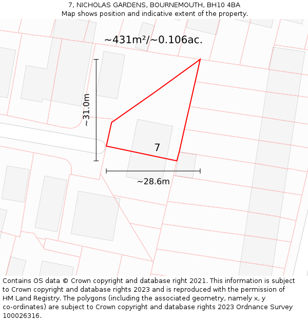 7, NICHOLAS GARDENS, BOURNEMOUTH, BH10 4BA: Plot and title map